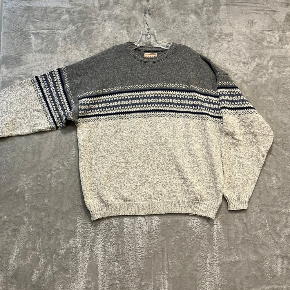 Woolrich Sweater‎ Mens XL Grey Fair Isle Knit Cotton Blend Made in USA Vintage